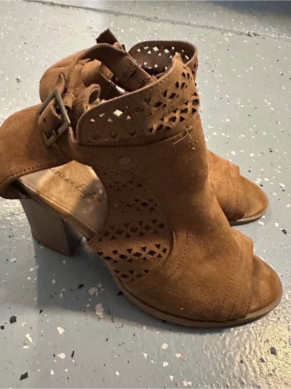 American Eagle Outfitters Brown Suede Laser-Cut Peep-Toe Block Heels